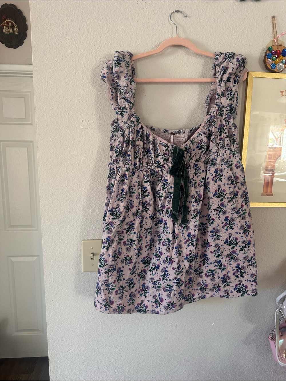 Free People L Corduroy Purple Floral Tunic Green Tie
